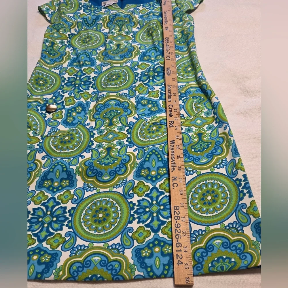 London Style Vibrant Blue & Green Paisley Cap-Sleeve Sheath Dress - Picture 5 of 6